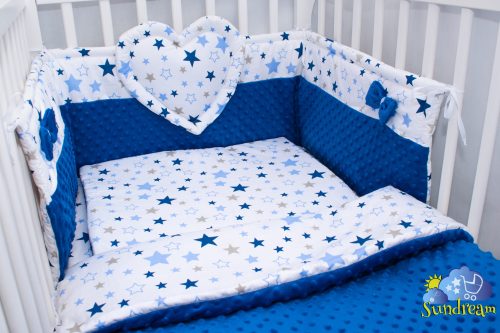 zestaw-do-lozeczka-z ochraniaczem-z-sercem-granatowe-gwiazdki-z-granatowym-minky