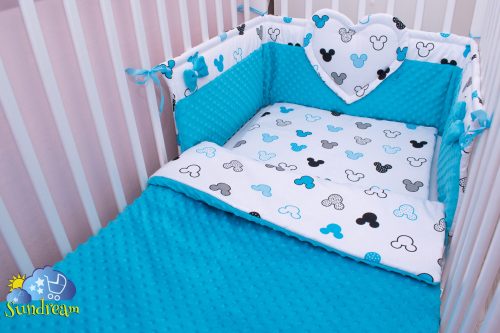 zestaw-do- lozeczka-z- ochraniaczem-z sercem-miki- kontury-niebieskie-z- niebieskim-minky