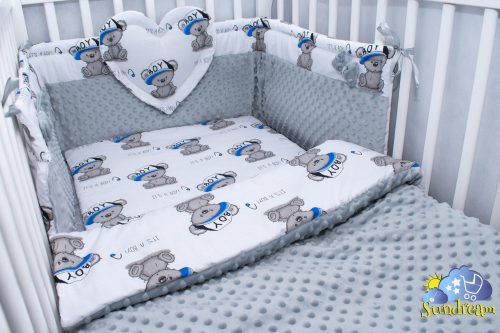 zestaw-do- lozeczka-z ochraniaczem-z-sercem-mis-bialy-boy-z-szarym-minky