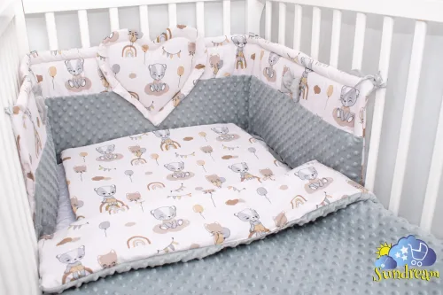 zestaw-do-lozeczka-z-ochraniaczem-z-sercem-misie-tecza-z-szarym-minky