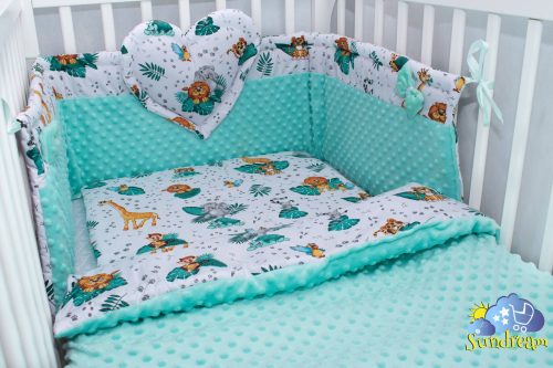 zestaw-do-lozeczka-z- ochraniaczem-z sercem-zwierzaki-safari-z-mietowym-minky