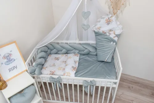 Komplet do lozeczka 5-elementowy mis samolot velvet szary z warkoczem, przescieradłem oraz rozkiem