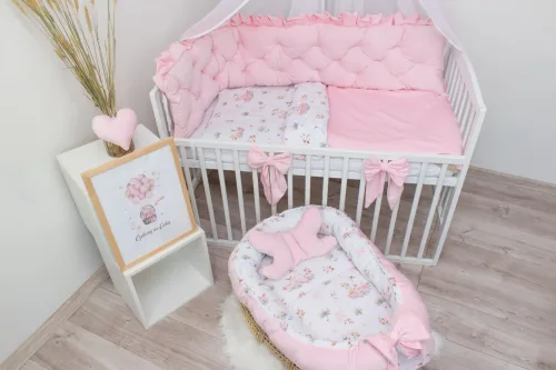 Komplet do łóżeczka 6-elementowy gąski velvet róż z warkoczem, prześcieradłem oraz kokonem z poduszką motylek