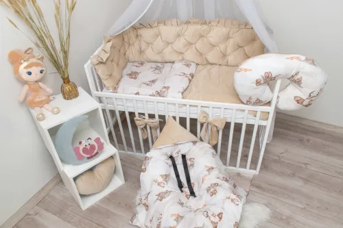 Komplet do lozeczka 6-elementowy niedzwiadki velvet bez z ochraniaczem pikowanym, przescieradlem, otulaczem oraz poduszka rogal do karmienia