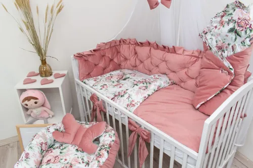 Komplet do lozeczka 7-elementowy roze cyganskie velvet jasny brudny roz z rozkiem oraz kokonem