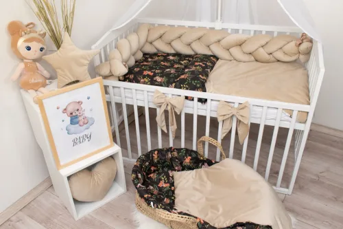 Komplet do lozeczka 9 elementowy czarny las velvet bez z warkoczem, przescieradlem oraz kompletem do gondoli