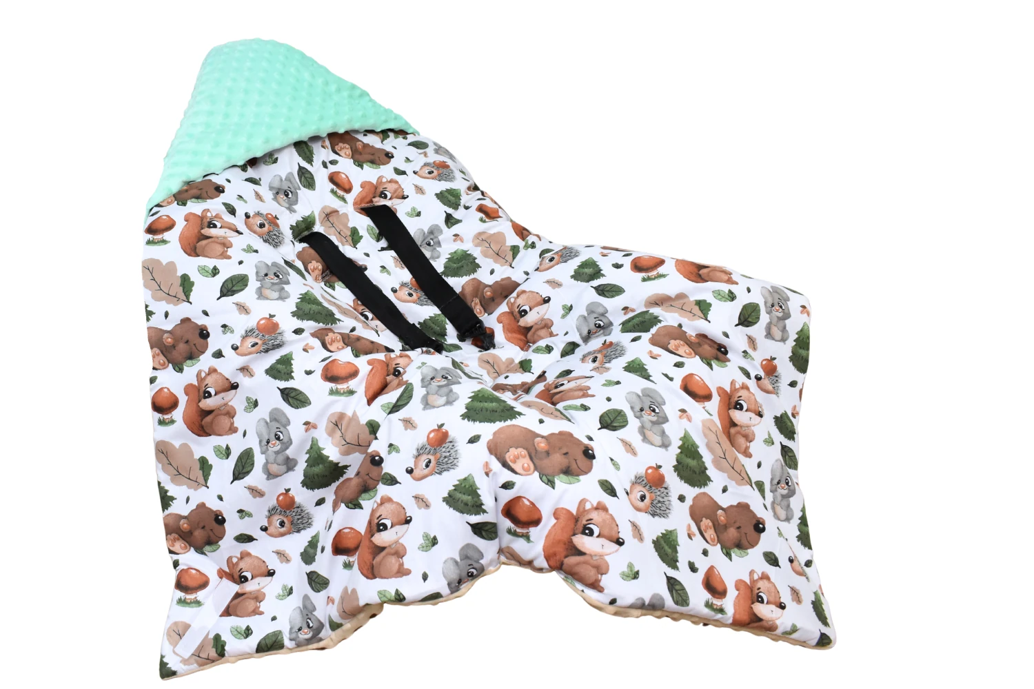 Otulacz do fotelika, nosidełka leśne zwierzaki z miętowym minky