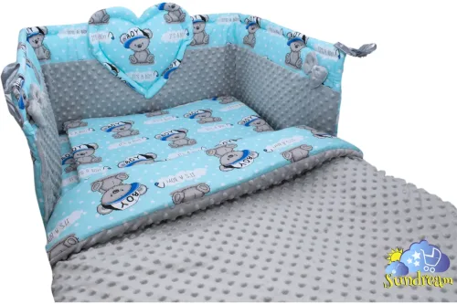 zestaw-do-lozeczka-z-ochraniaczem-z-sercem-boy-niebieski-minky-szare