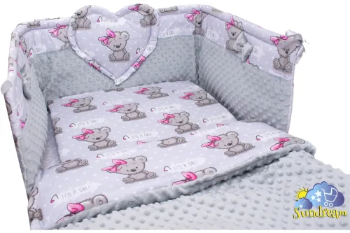 zestaw-do-lozeczka-z-ochraniaczem-z-sercem-girl-szare-minky-szare