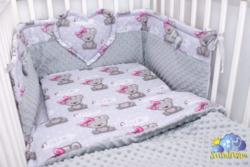zestaw-do-lozeczka-z-ochraniaczem-z-sercem-misie-girl-szare-z-szarym-minky