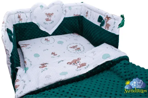 zestaw-do-lozeczka-z-ochraniaczem-z-sercem-sarenka-kolko-minky-butelkowa-zielen